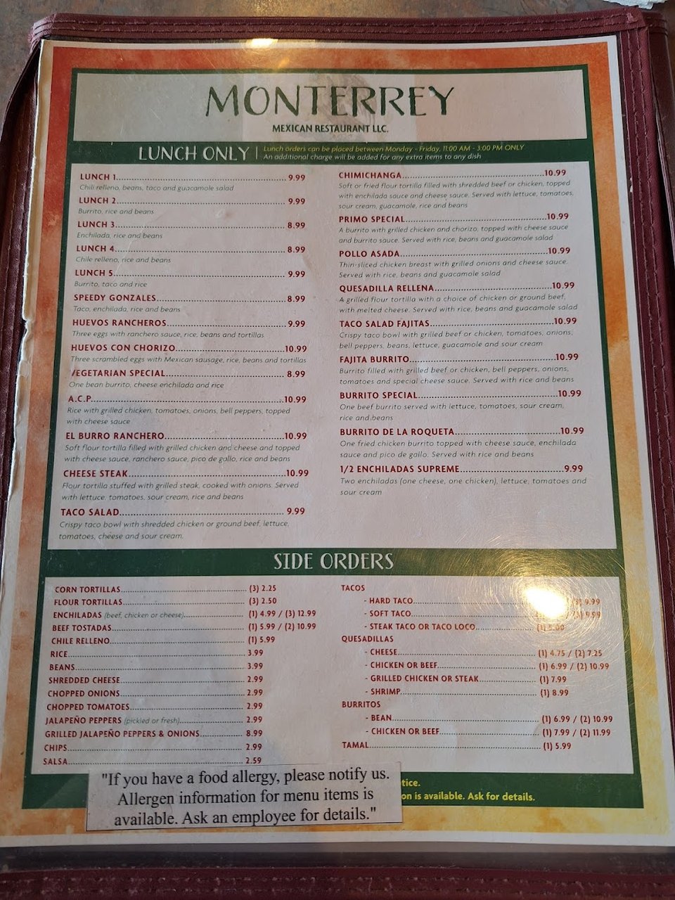 Menu page showing burritos, tacos, and special dinners.