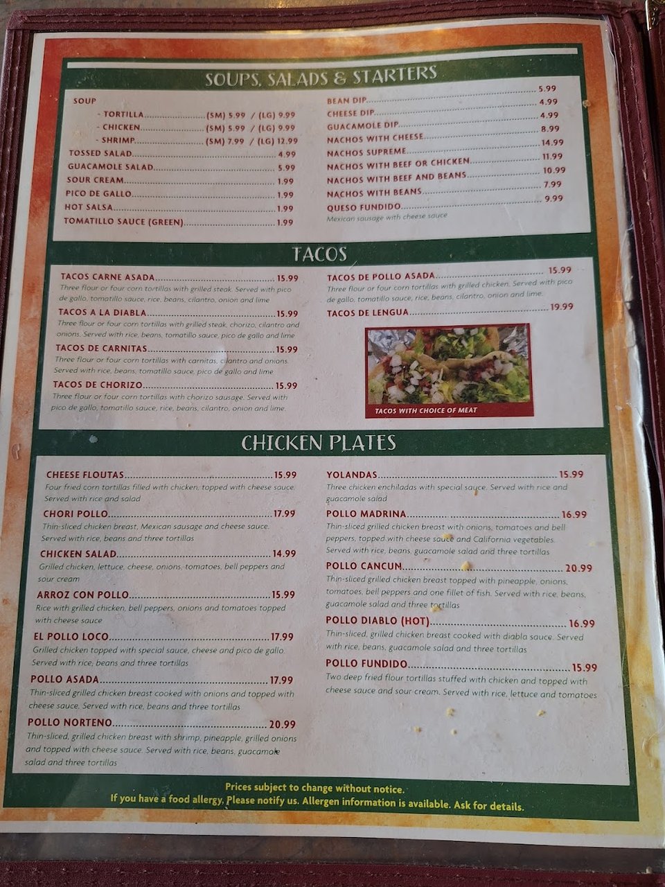 Restaurant menu listing chimichangas and quesadillas.